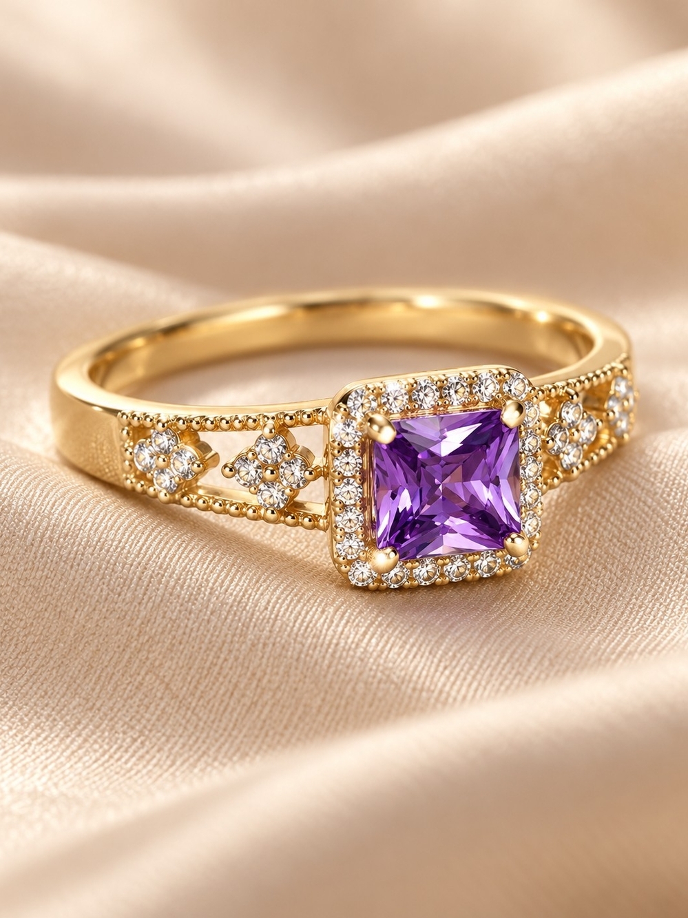 14k Gold  Laminated Ring with Square Purple Gemstone and Pavé Accents